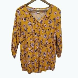 Terra & Sky Womens 0X 14W Mustard Yellow Floral Blouse Top V-Neck 3/4 Sleeve